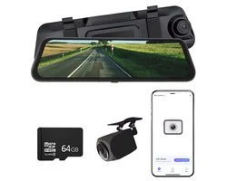 Journeyz® Dual Dashcam - Dashcam voor auto voor en achter - Op Achterspiegel - Touchscreen - WiFi & App - Incl. 64GB SD-kaart - Full HD 2K & 1080P - G Sensor - Loop opname - Nachtzicht - Parkeerbewaking - 170 graden hoek - Dashcams - Auto camera