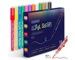 TrenDingz® Premium Acryl Verf Stiften - 12 Stuks Kleuren - Happy Stones Stenen Schilderen - 0,7 mm tip - Acrylverf Tekenset Acrylstiften - Kinderen & Volwassenen