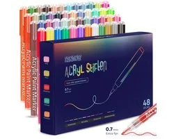 TrenDingz® Premium Acryl Verf Stiften - 48 Stuks Kleuren - Happy Stones Stenen Schilderen - 0,7 mm tip - Acrylverf Tekenset Acrylstiften - Kinderen & Volwassenen