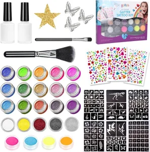 Partizzle Compleet Bio Glitter Tattoo Set - Meisjes / Jongens - Schmink Sjablonen, Lijm en Penselen - Gezicht Nep Neon Tattoos Knutselpakket - Festival - Kerst Cadeau / Knutselen voor Kinderen - 24 Kleuren / Biodegradable