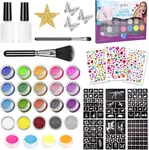 Partizzle Compleet Bio Glitter Tattoo Set - Meisjes / Jongens - Schmink Sjablonen, Lijm en Penselen - Gezicht Nep Neon Tattoos Knutselpakket - Festival - Kerst Cadeau / Knutselen voor Kinderen - 24 Kleuren / Biodegradable