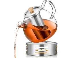 Deleca Glazen Theepot met Filter en Theelicht Warmhouder Set - Borosilicaat Glas - RVS Zeef - Kerst Cadeau - Voor Losse Thee / Theebloemen - 1.5L