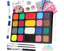 Partizzle Schminkset op Waterbasis - Schmink Boek en Sjabloon Set - Penselen, Sponsjes, Haarkrijt, Bio Glitters - Halloween Kinderen - 20 Kleuren