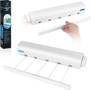DHOENT PRODUCTS ® Uitschuifbare Waslijn – Telescopische Waslijn – Automatische Inklapbare Kledinglijn – Uittrekbare Drooglijn – Badkamer & Balkon – Ruimtebesparend – Wit – Inclusief Montage Set